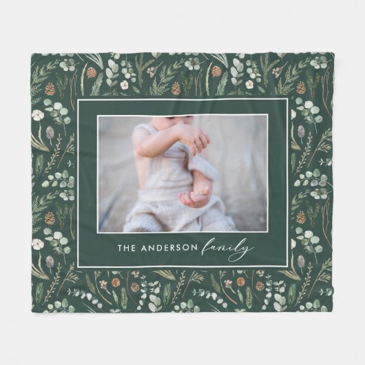 緑の植物性エレガントモダン家族写真 フリースブランケット (正面(横))
