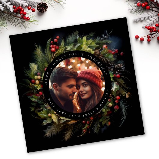 緑の植物性クリスマスフォトブラックスクエア シーズンカード