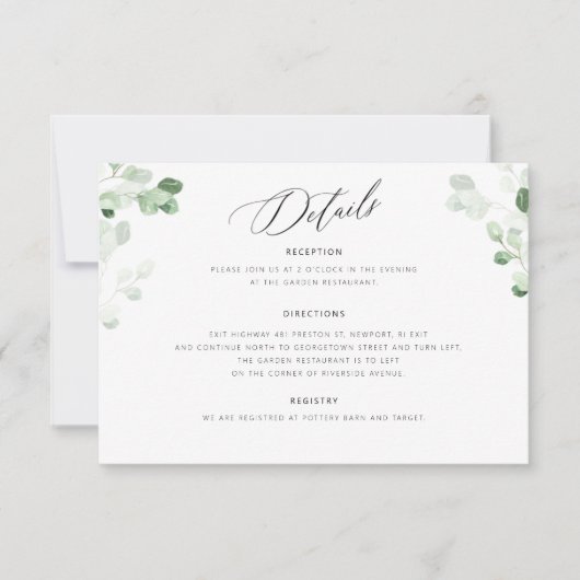 緑の植物性フローラ結婚の詳細カード 招待状 (正面)