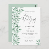 緑の植物性ホワイトグリーン結婚式招待状 ポストカード (正面/裏面)