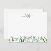 緑の植物性ユーカリ葉モノグラム ノートカード (正面/裏面)