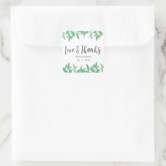 緑の植物性葉のエレガントなウェディングステッカー スクエアシール (バッグ)