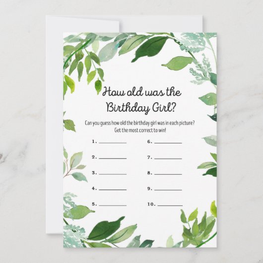 緑の植物性誕生日ガールゲーム5x7インチサイズ 招待状 (正面)