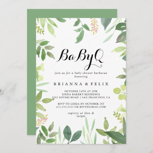 緑の植物性BabyQベビーシャワーバーベキュー 招待状 (正面/裏面)