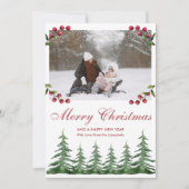 緑の植物松の木の雪クリスマスフォト シーズンカード (正面)