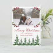 緑の植物松の木の雪クリスマスフォト シーズンカード (スタンド正面)