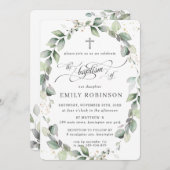 緑の植物素朴リース銀洗礼 招待状 (正面/裏面)