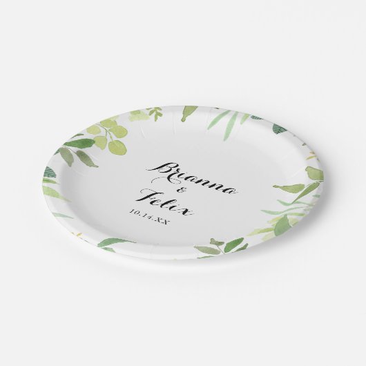 緑の植物結婚の葉のケーキ ペーパープレート (アングル)