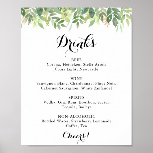 緑の植物結婚の飲み物のメニューサイン ポスター (正面)