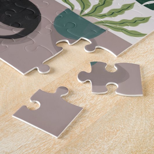 緑の植物、モンステラと黒猫アートパズル ジグソーパズル (側面)