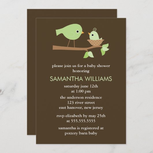 緑の母とベビーの鳥が巣のベビーシャワー 招待状 (正面/裏面)