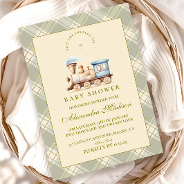 緑の水の色の列車の赤ちゃんシャワー 招待状