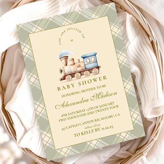 緑の水の色の列車の赤ちゃんシャワー 招待状