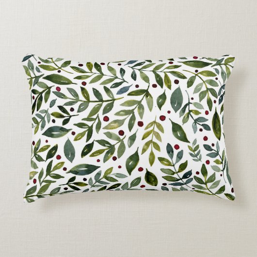 緑の水の色の季節の枝と果実 アクセントクッション (正面)