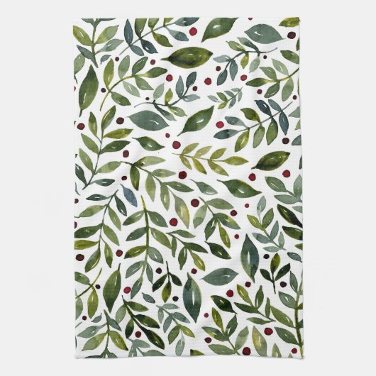 緑の水の色の季節の枝と果実 キッチンタオル (縦)