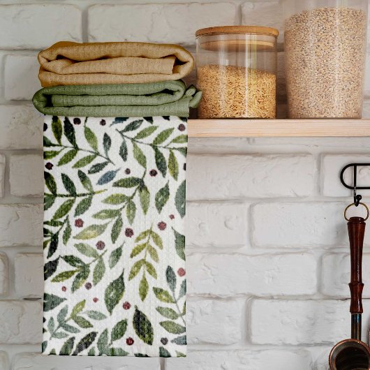 緑の水の色の季節の枝と果実 キッチンタオル