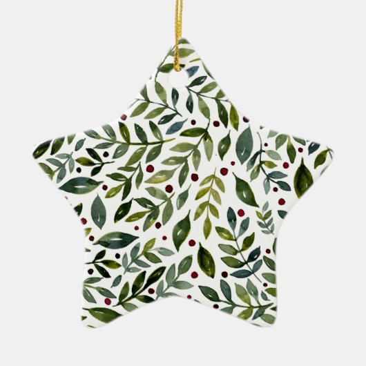 緑の水の色の季節の枝と果実 セラミックオーナメント (正面)