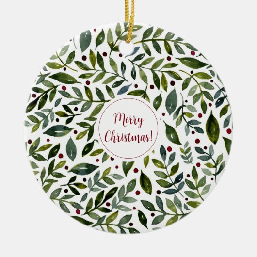 緑の水の色の季節の枝と果実 セラミックオーナメント (正面)
