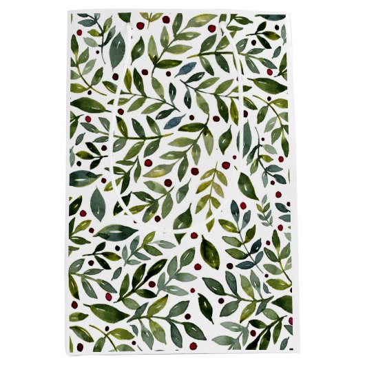 緑の水の色の季節の枝と果実 ミディアムペーパーバッグ (正面)