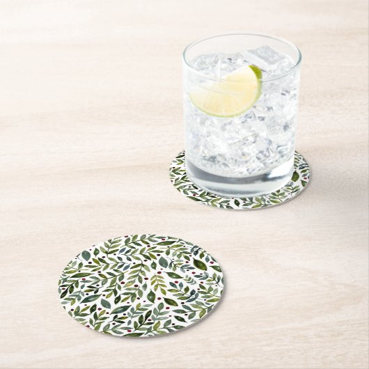 緑の水の色の季節の枝と果実 ラウンドペーパーコースター (インサイチュ)