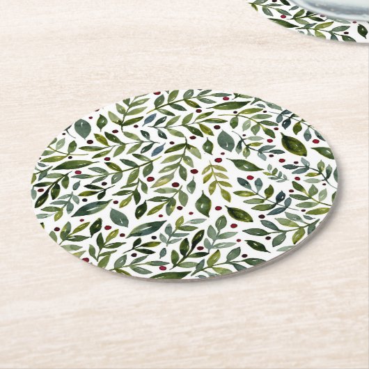 緑の水の色の季節の枝と果実 ラウンドペーパーコースター (アングル)