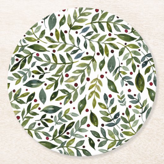 緑の水の色の季節の枝と果実 ラウンドペーパーコースター (正面)