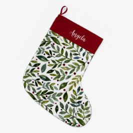 緑の水の色の季節の枝と果実 ラージクリスマスストッキング