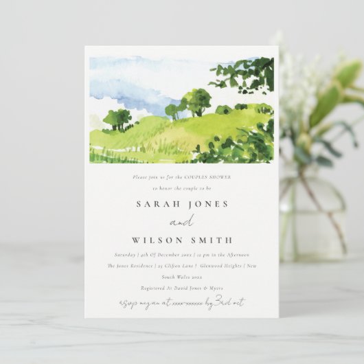 緑の水の色の田舎のヒルズカップルシャワー 招待状 (スタンド正面)