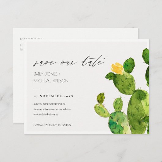 緑の水の色の砂漠サボテンの日付を保存 案内ポストカード (正面/裏面)