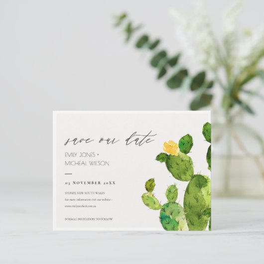 緑の水の色の砂漠サボテンの日付を保存 案内ポストカード (スタンド正面)