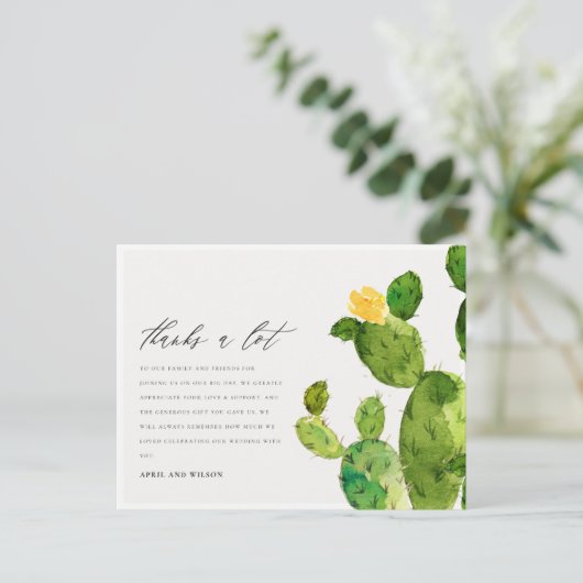 緑の水の色の砂漠サボテン花ありがとう ポストカード (スタンド正面)