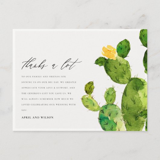 緑の水の色の砂漠サボテン花ありがとう ポストカード (正面)