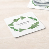 緑の水の色の結婚葉 スクエアペーパーコースター (アングル)