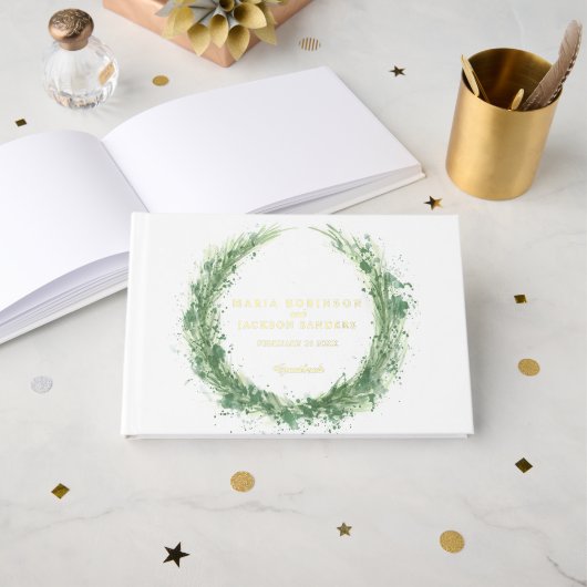 緑の水の色の草の結婚セージ緑 ゲストブック (正面見開き)