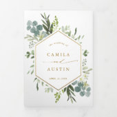 緑の水の色の金ゴールド結婚スクリプトの写真 三つ折り招待状 (カバー)