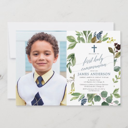 緑の水の色ほこりっぽい青い男の子の共産写真 招待状 (正面)