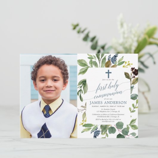 緑の水の色ほこりっぽい青い男の子の共産写真 招待状 (スタンド正面)