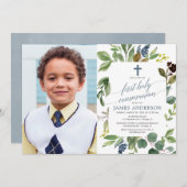 緑の水の色ほこりっぽい青い男の子の共産写真 招待状 (正面/裏面)