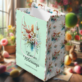 緑の水の色クロス花キリスト教イースター ミディアムペーパーバッグ