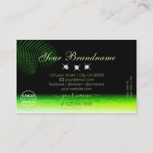 緑の水の色パーム葉のダイヤモンドとロゴ 名刺 (裏面)