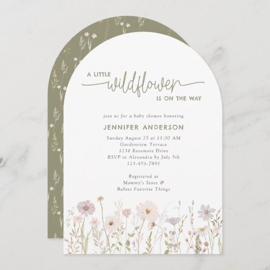 緑の水の色ワイルドフラワーフローラ赤ちゃんシャワー 招待状 (正面/裏面)