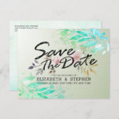 緑の水の色葉のシックな結婚式の日付を保存 ポストカード (正面/裏面)