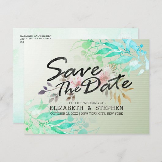 緑の水の色葉のシックな結婚式の日付を保存 ポストカード (正面/裏面)