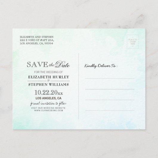 緑の水の色葉のシックな結婚式の日付を保存 ポストカード (裏面)