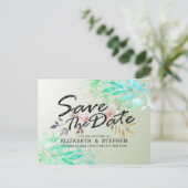 緑の水の色葉のシックな結婚式の日付を保存 ポストカード (スタンド正面)