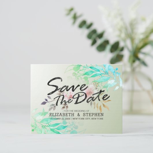 緑の水の色葉のシックな結婚式の日付を保存 ポストカード (スタンド正面)
