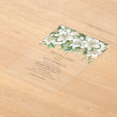緑の水の色離れの白フローラ金ゴールド結婚の アクリル招待状 (レイダウン)