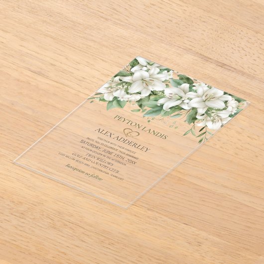 緑の水の色離れの白フローラ金ゴールド結婚の アクリル招待状 (レイダウン)