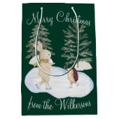 緑の水彩スケートの森の動物たち ミディアムペーパーバッグ (正面)