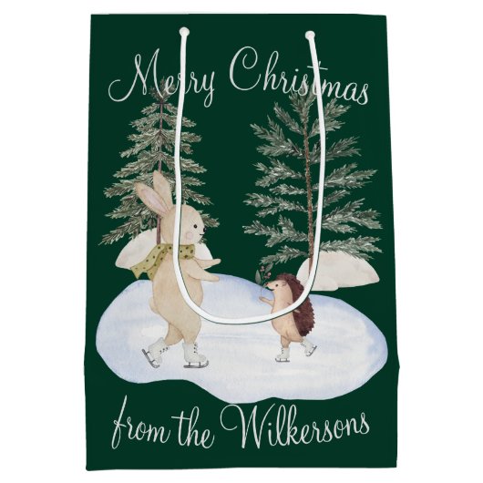 緑の水彩スケートの森の動物たち ミディアムペーパーバッグ (裏面)